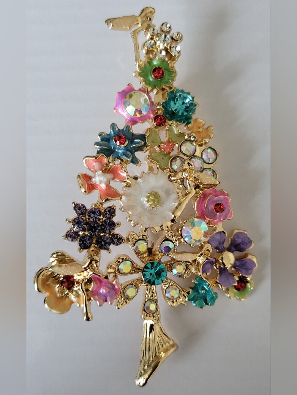 Christmas Floral Multicolor Enamel And Rhinestones Brooch